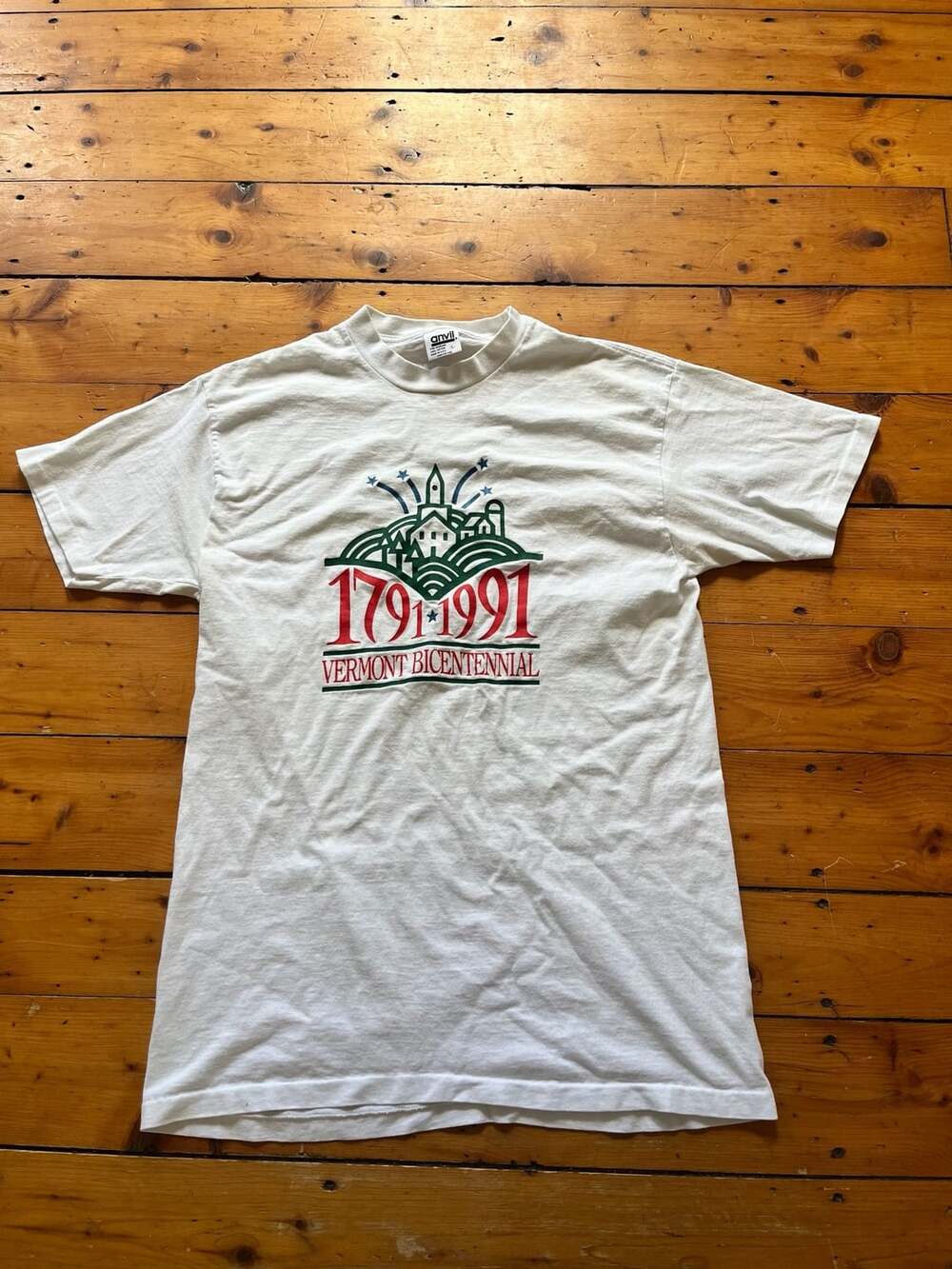 Vtg 1991 Anvil Vermont Bicentennial Graphic Shirt White Size Large Single Stitch